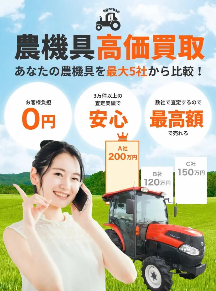 農機具高価買取 あなたの農業機械を最大５社から比較！お客様負担０円、安心実績、最高額！